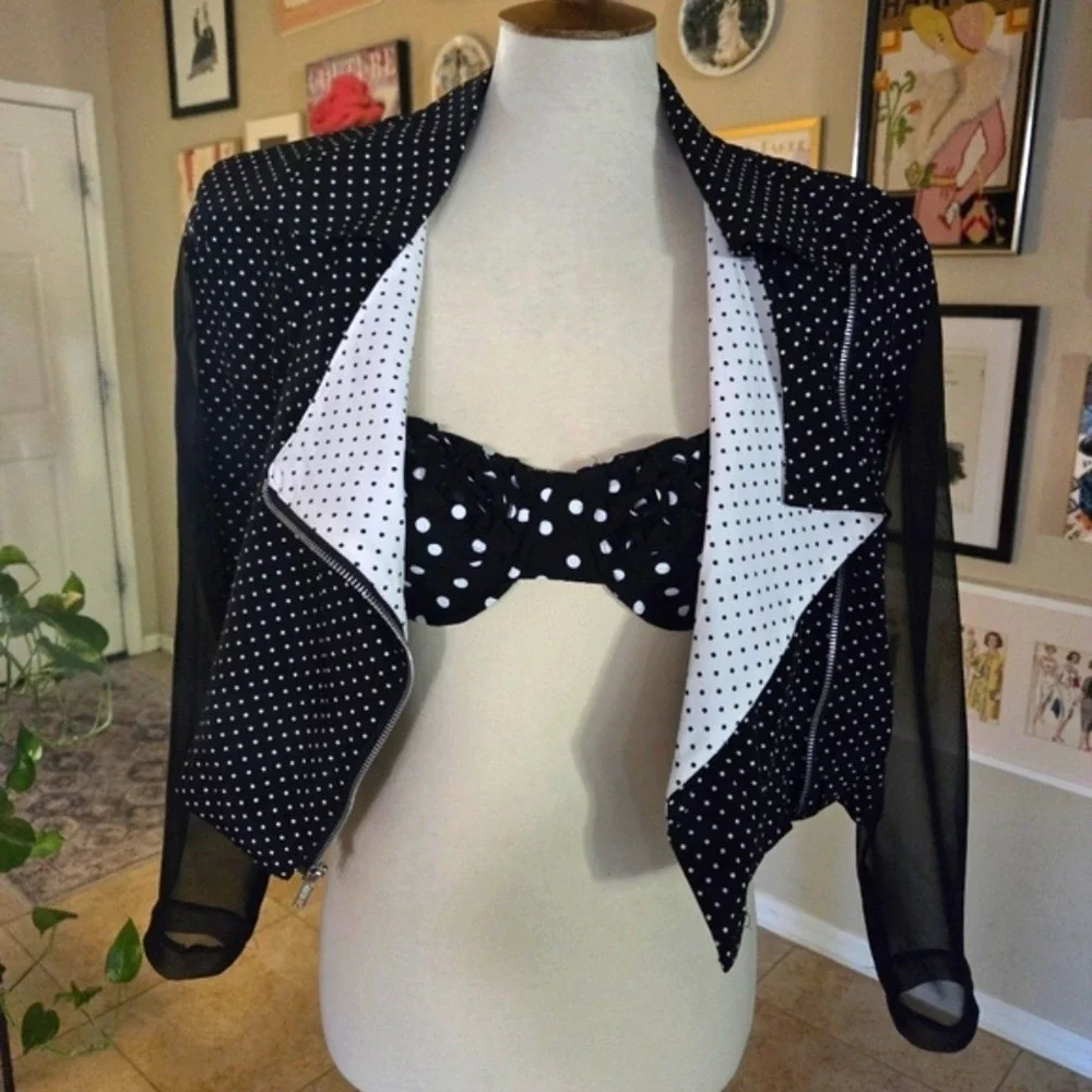 80s Black and‎ White Polka Dot Cropped Jacket High Waist Short Set